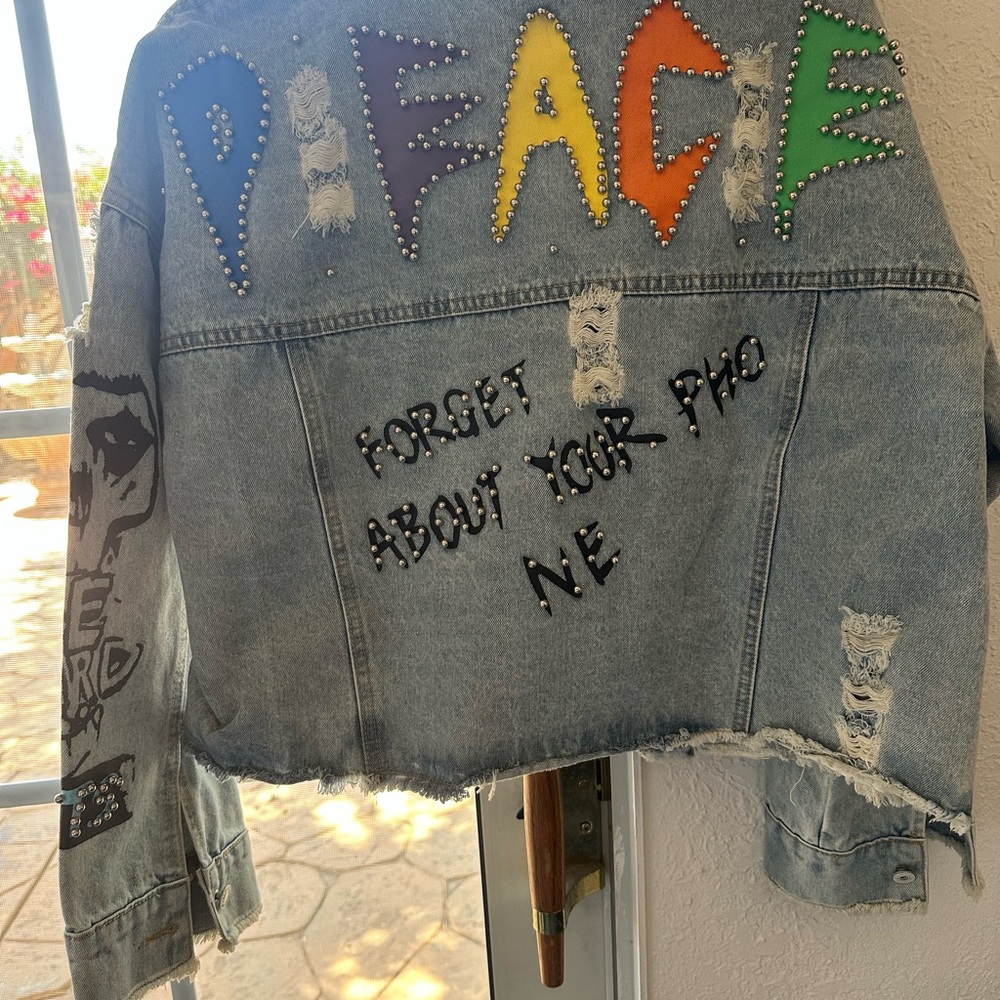 Embellished Denim Jacket with Colorful Lettering